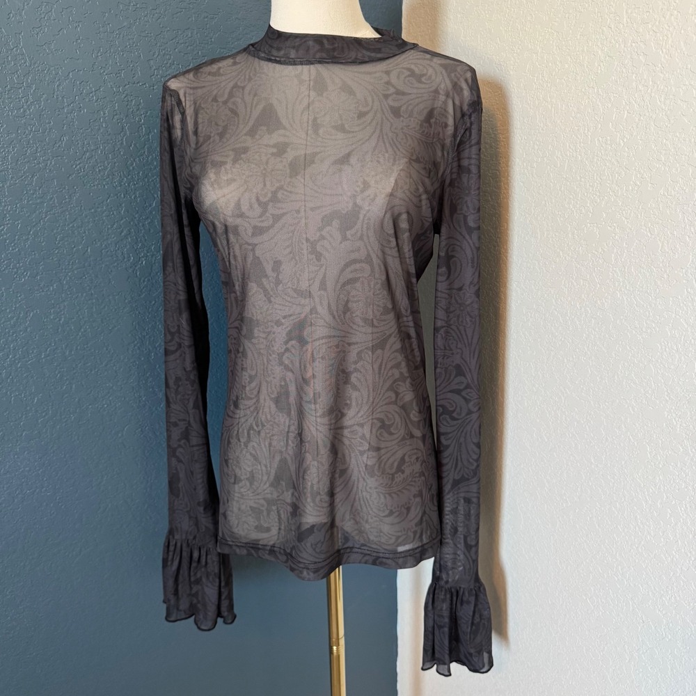 Boho Western Mesh Sterling Kreek Sheer Damask Mock Neck Top‎ Charcoal XS